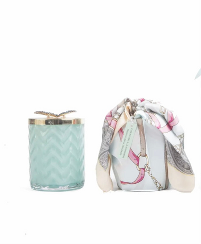 HERRINGBONE CANDLE WITH SCARF - TIFFANY BLUE & GOLD - BUTTERFLY LID