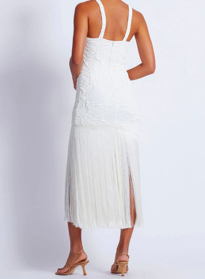 WHITE JACQUARD FRINGE MAXI DRESS