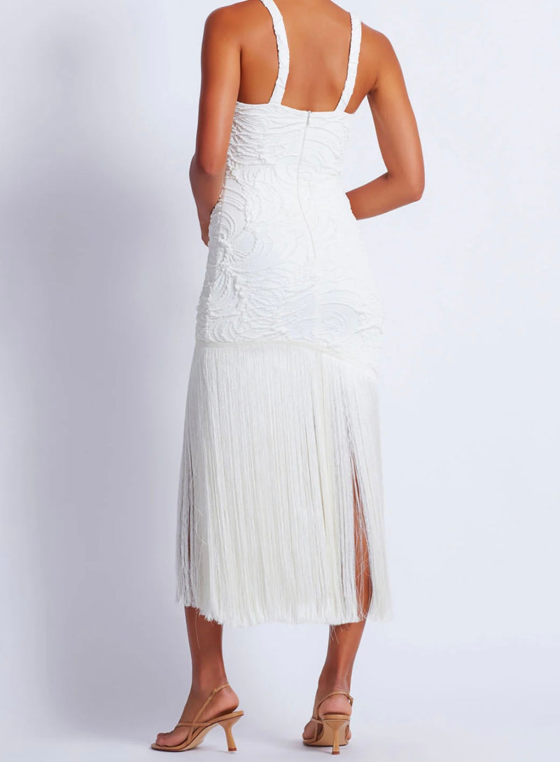 WHITE JACQUARD FRINGE MAXI DRESS