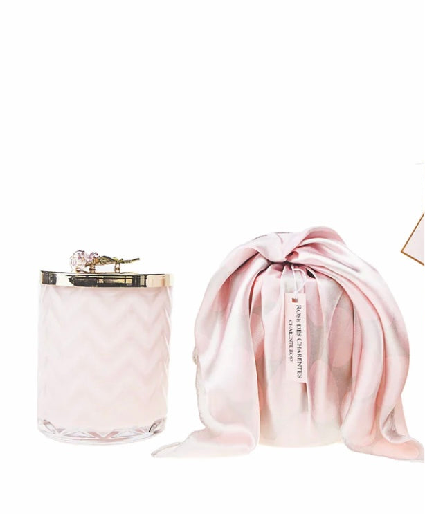 HERRINGBONE CANDLE WITH SCARF - PINK - ROSE LID