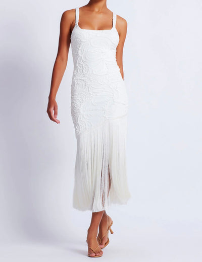 WHITE JACQUARD FRINGE MAXI DRESS