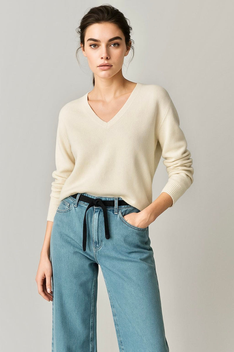 V Neck White Sweater