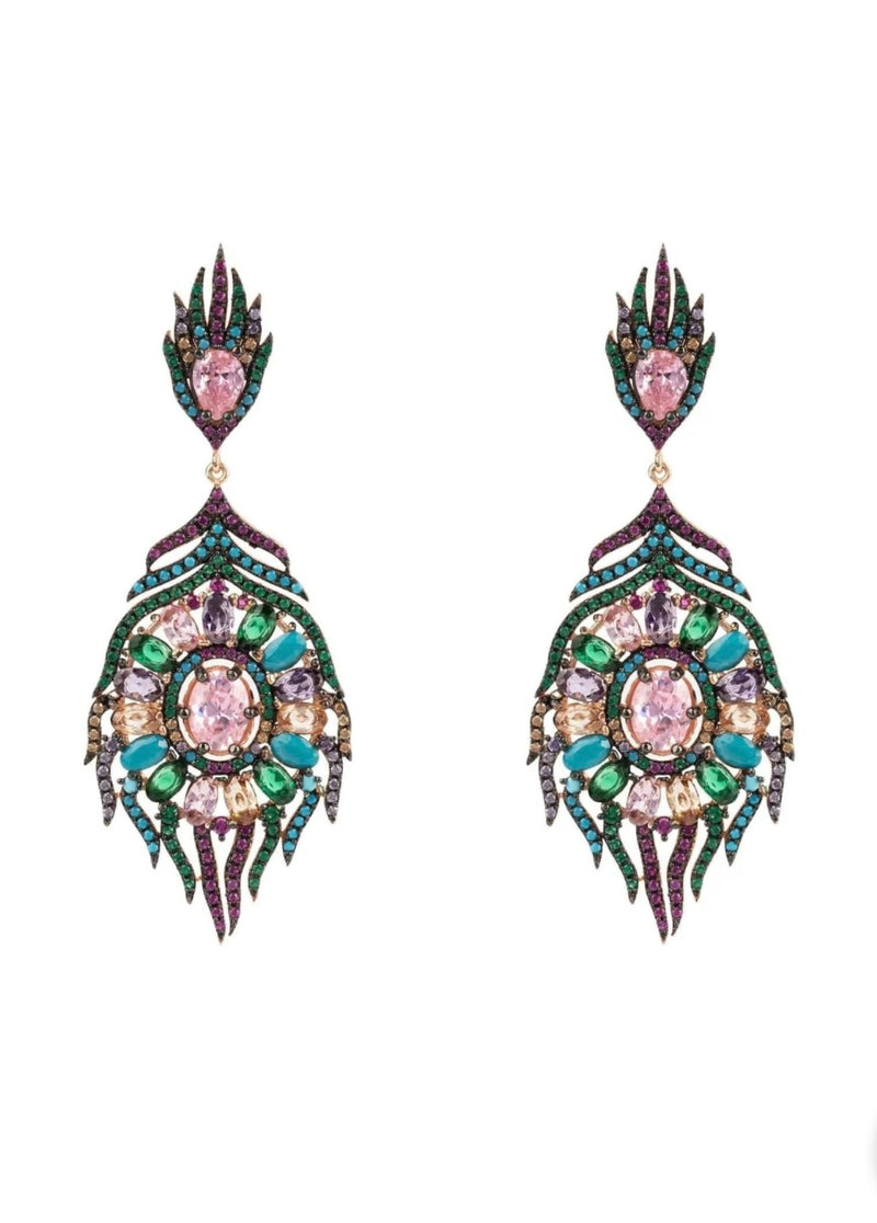 PEACOCK COLOURFUL FEATHER GEMSTONE EARRINGS ROSE GOLD