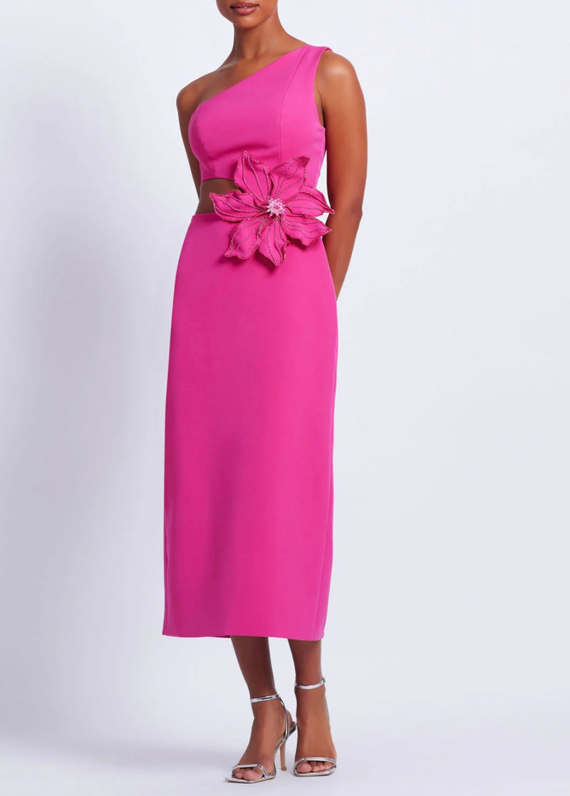 PINK FLOWER APPLIQUE MIDI DRESS