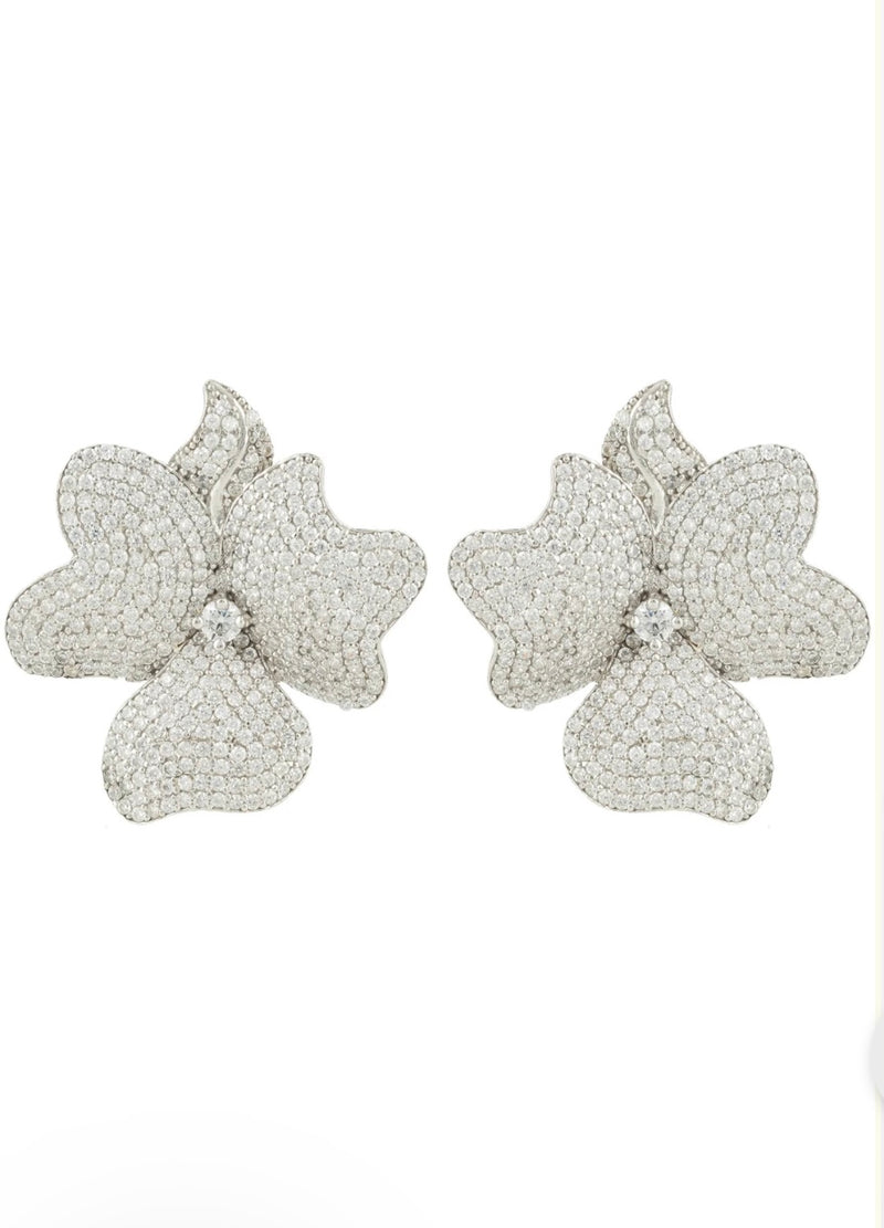 FLOWER LARGE STUD CLIP ON EARRINGS SILVER