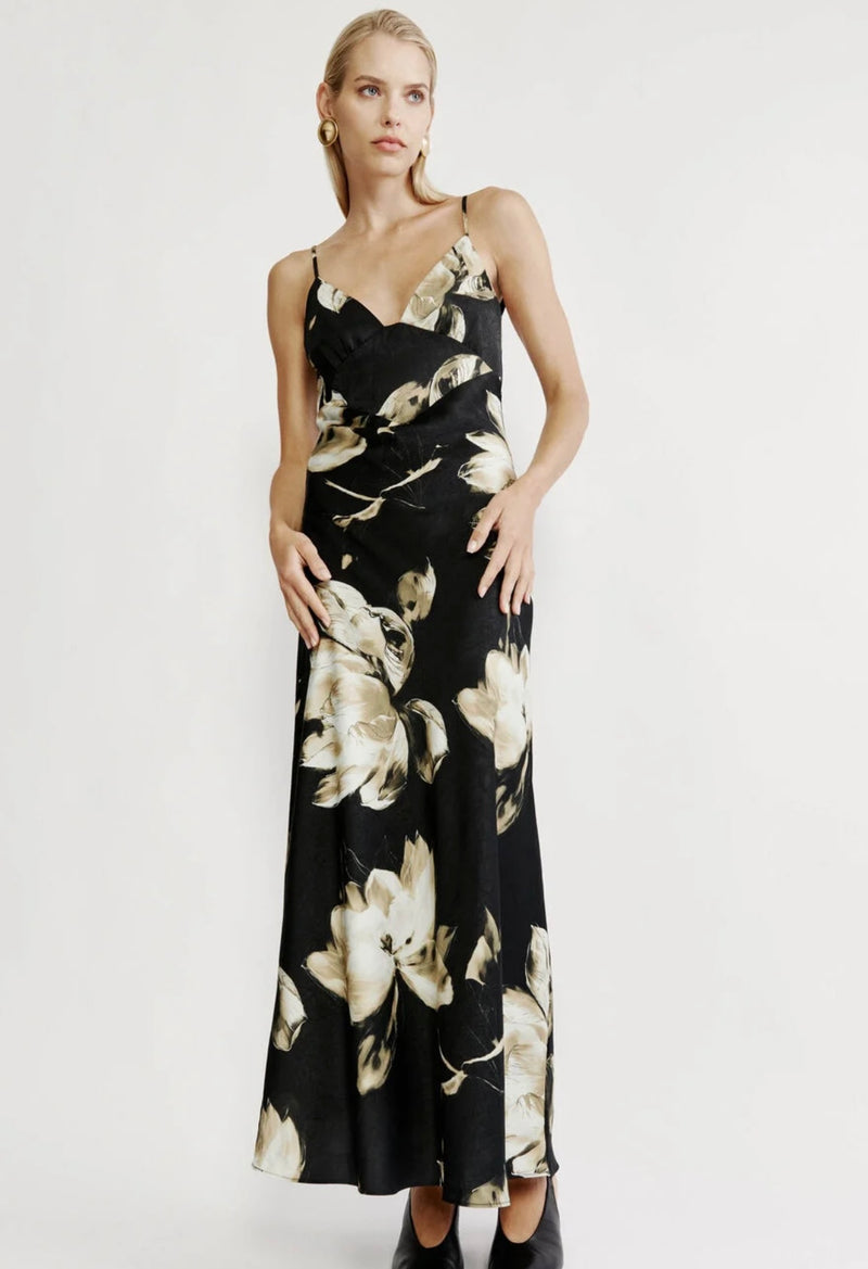 Capri Printed Slip Dress In Black Floral