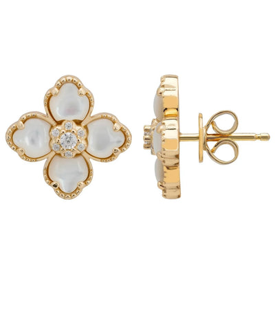 FLOWER CLOVER MOTHER OF PEARL STUD EARRINGS GOLD