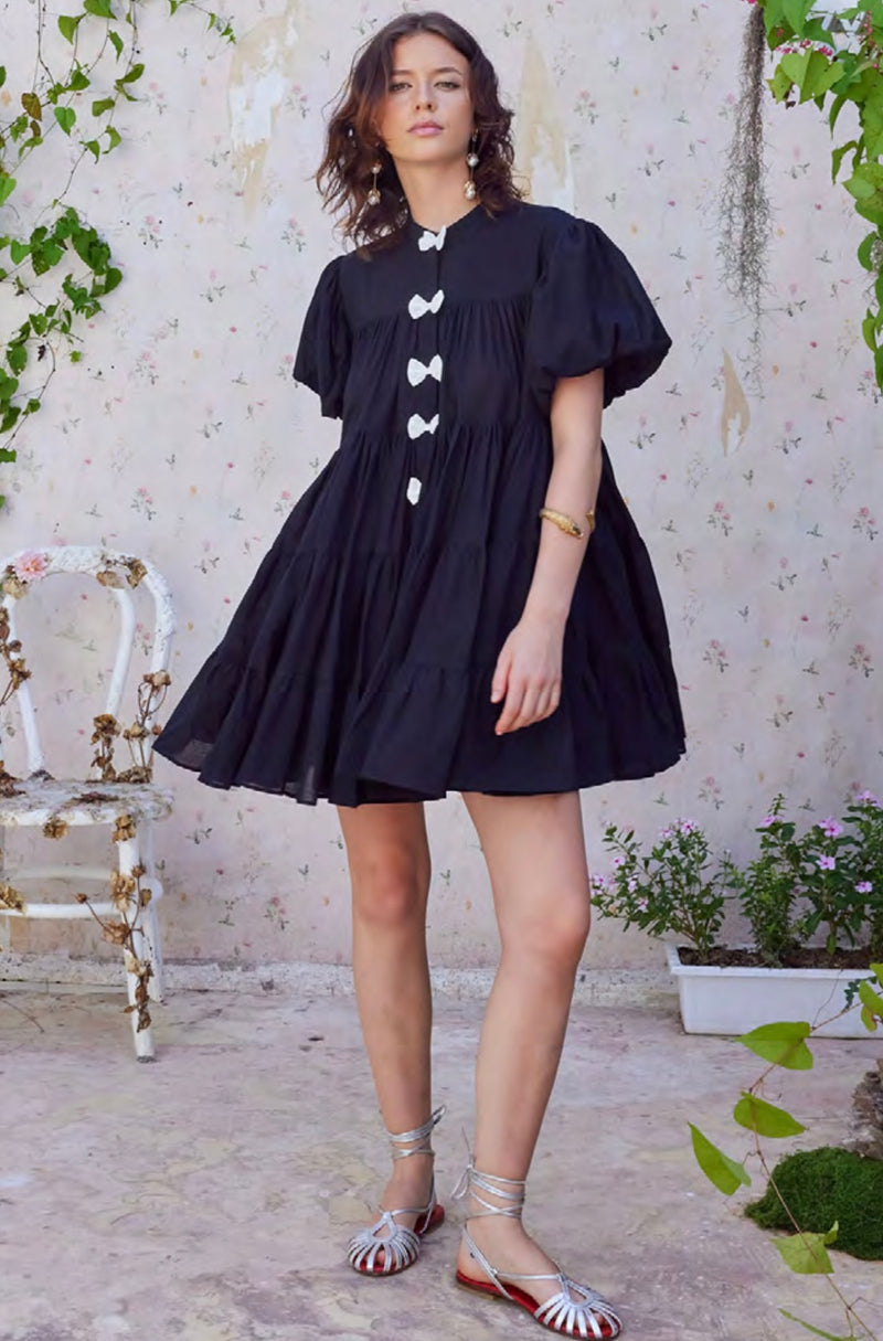 BLACK JAQUETTA WITH WHITE BOWS MINI DRESS