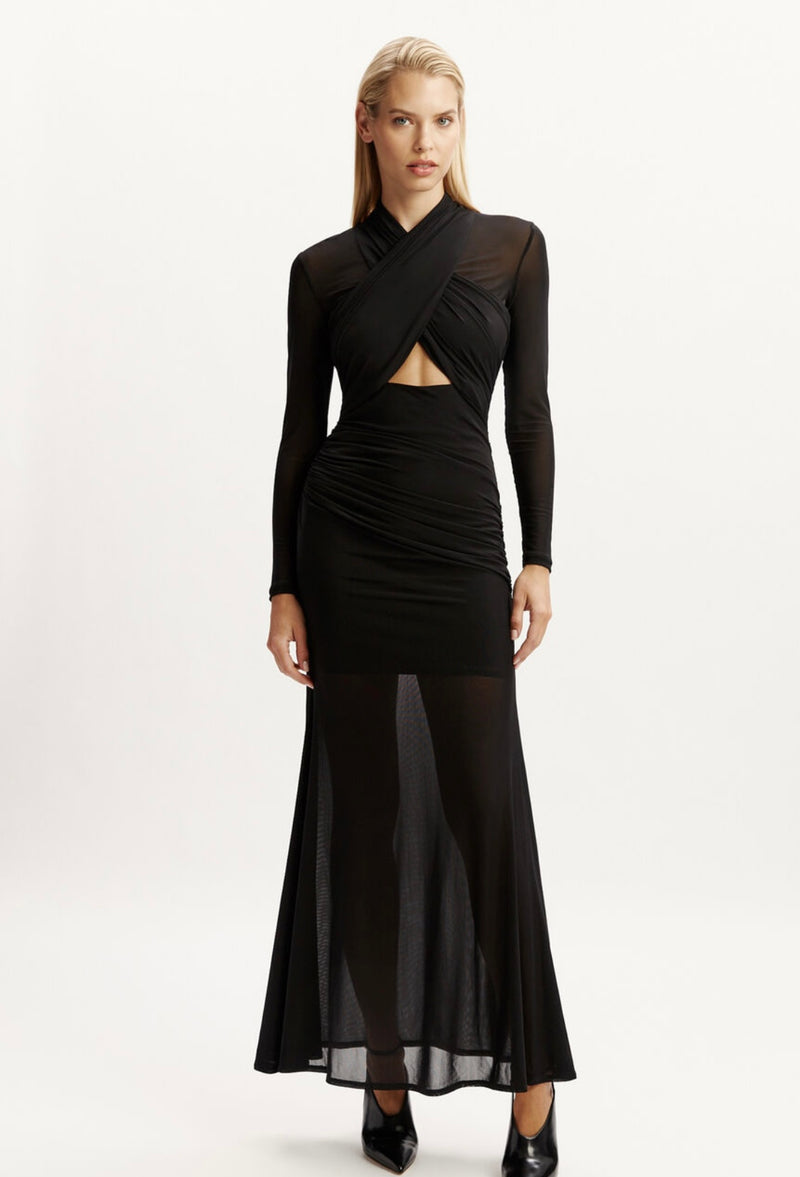 Veria Wrap Mesh Maxi Dress In Black