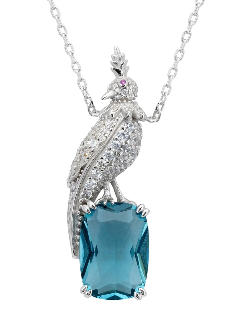 CRESTED LOVE BIRD PENDANT NECKLACE LONDON BLUE TOPAZ SILVER