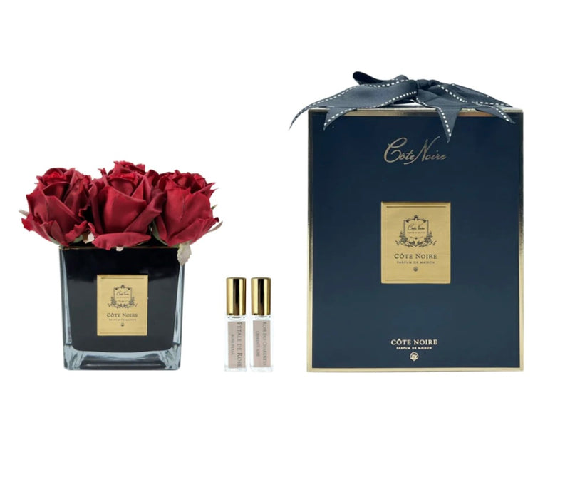 COUTURE SQUARE BLACK VASE PERFUMED NATURAL TOUCH 9 ROSES - CARMINE RED