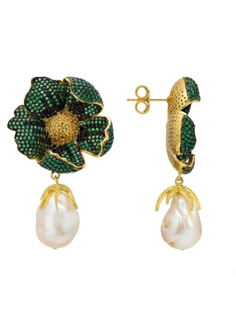 POPPY FLOWER BAROQUE PEARL EARRINGS EMERALD GREEN GOLD