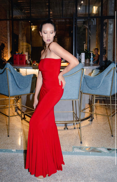 RED STRAPLESS FISHTAIL GOWN