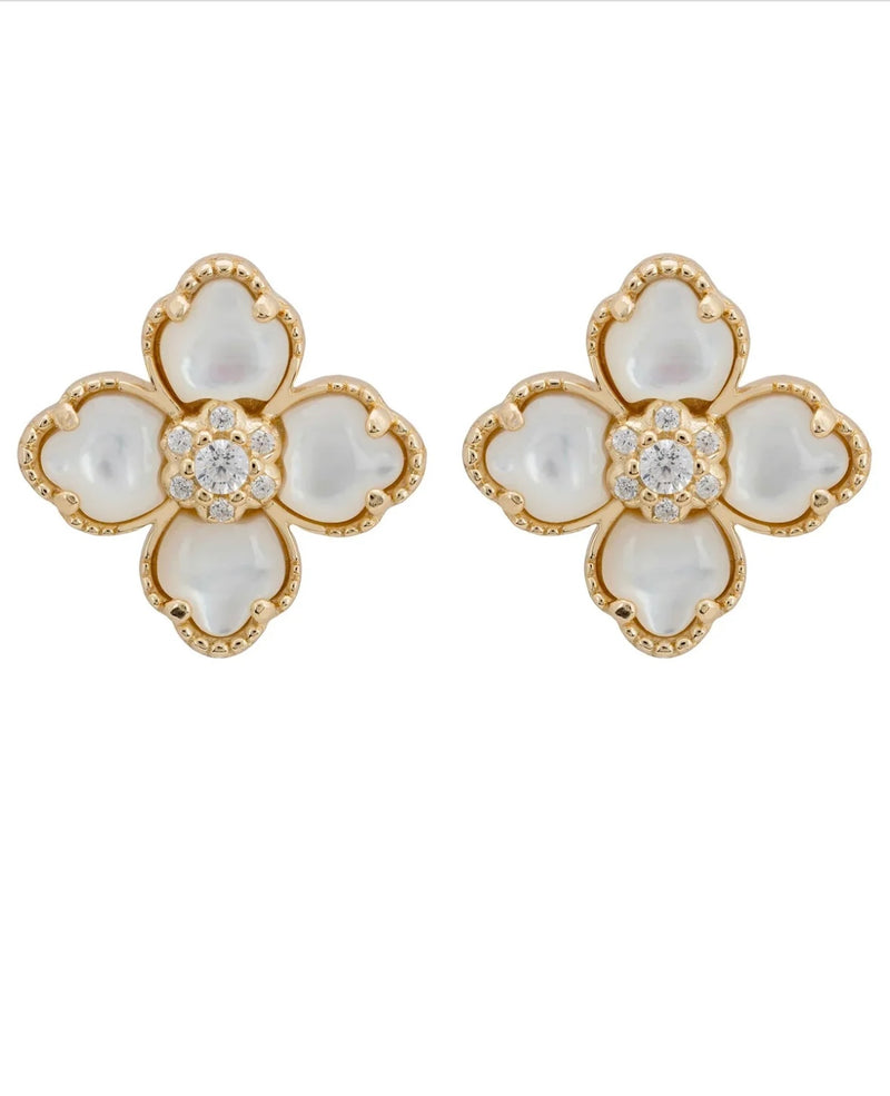 FLOWER CLOVER MOTHER OF PEARL STUD EARRINGS GOLD