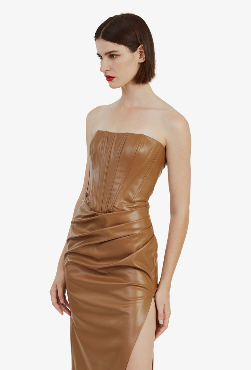 Everlasting Vegan Leather Dress In Camel