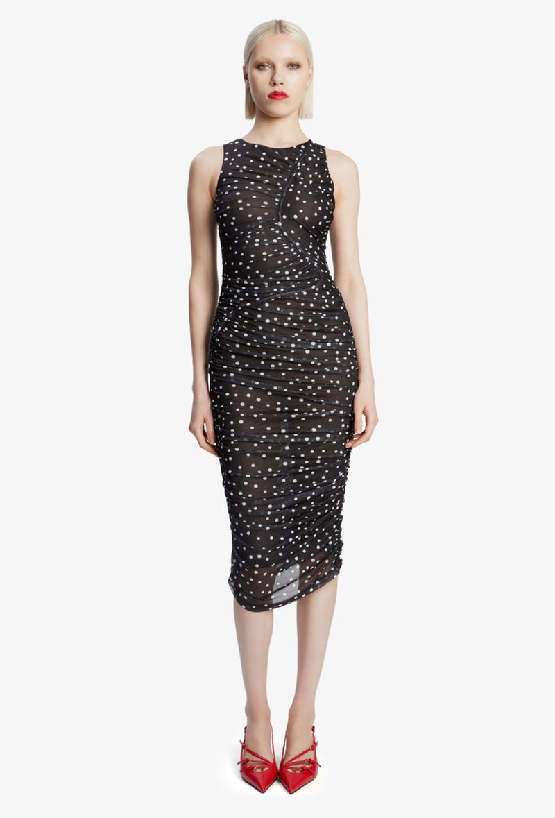 Felicia Spot Mesh Midi Dress In Black Spot