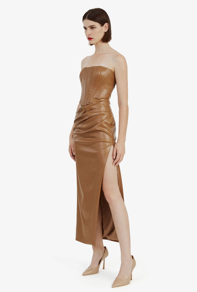 Everlasting Vegan Leather Dress In Camel