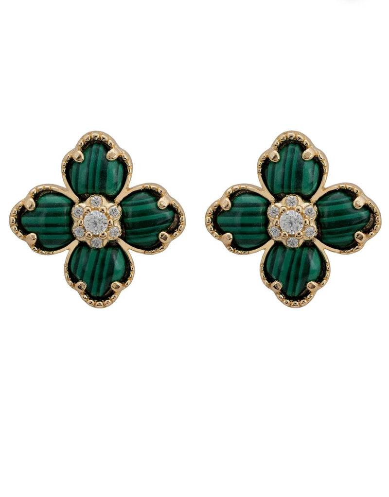 FLOWER CLOVER MALACHITE STUD EARRINGS GOLD