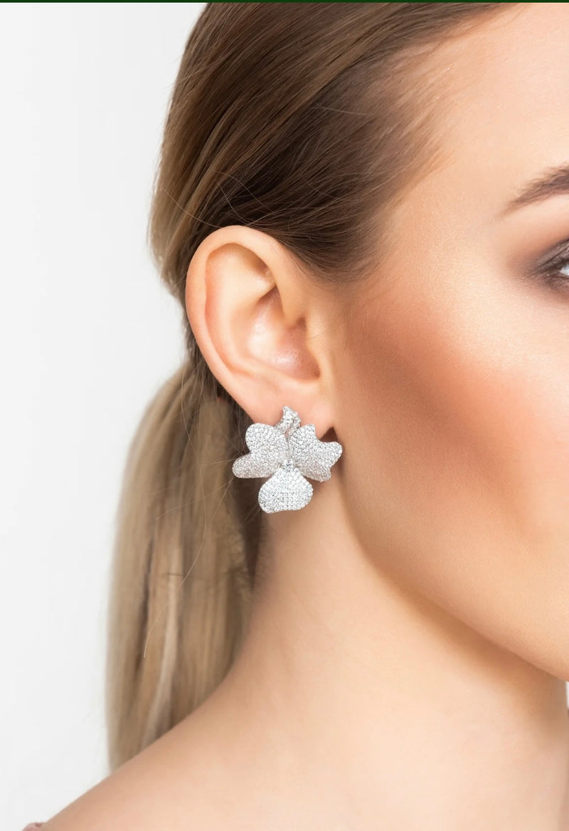 FLOWER LARGE STUD CLIP ON EARRINGS SILVER