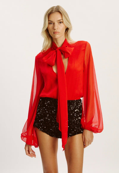 Solace Tie Front Blouse In Deep Red