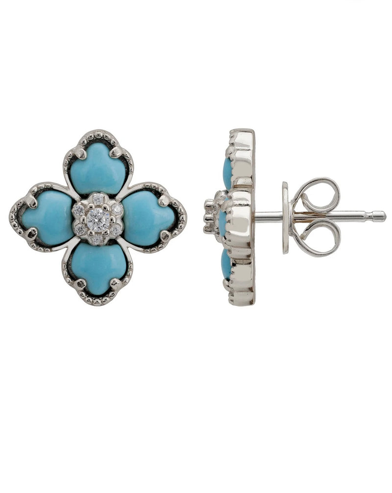 FLOWER CLOVER TURQUOISE STUD EARRINGS SILVER