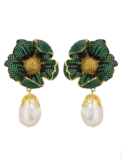 POPPY FLOWER BAROQUE PEARL EARRINGS EMERALD GREEN GOLD