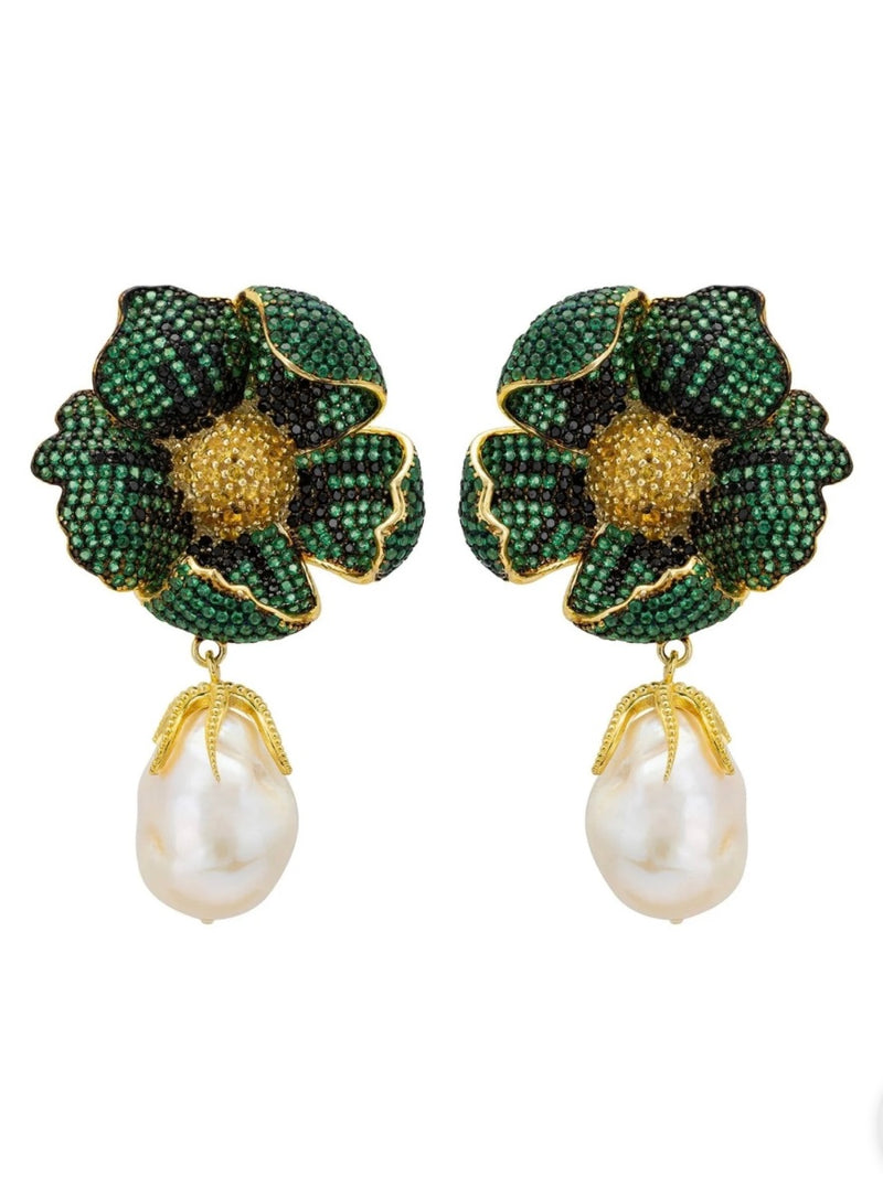 POPPY FLOWER BAROQUE PEARL EARRINGS EMERALD GREEN GOLD