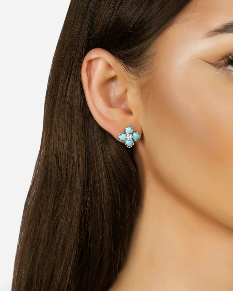 FLOWER CLOVER TURQUOISE STUD EARRINGS SILVER