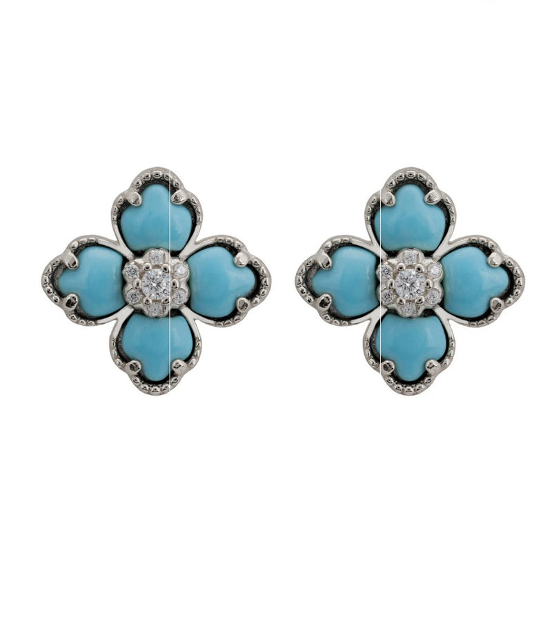 FLOWER CLOVER TURQUOISE STUD EARRINGS SILVER