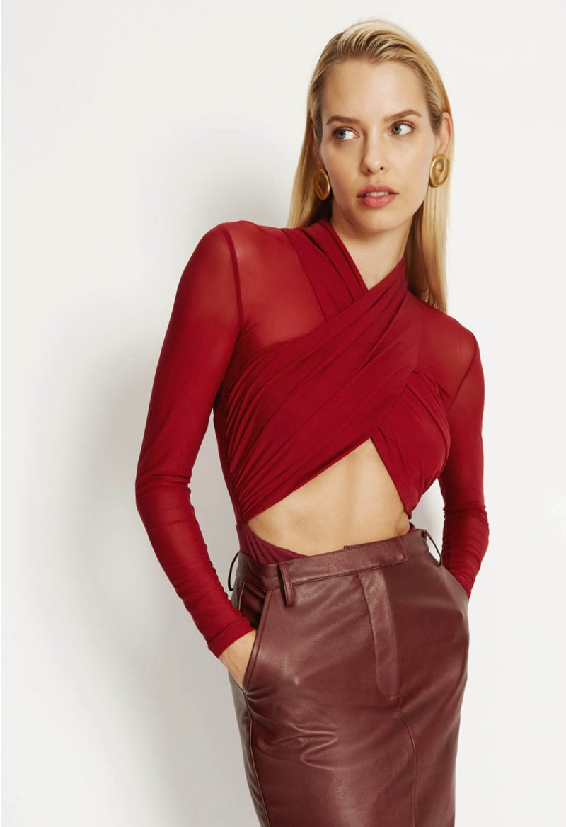Aliyah Wrap Bodysuit In Burgundy