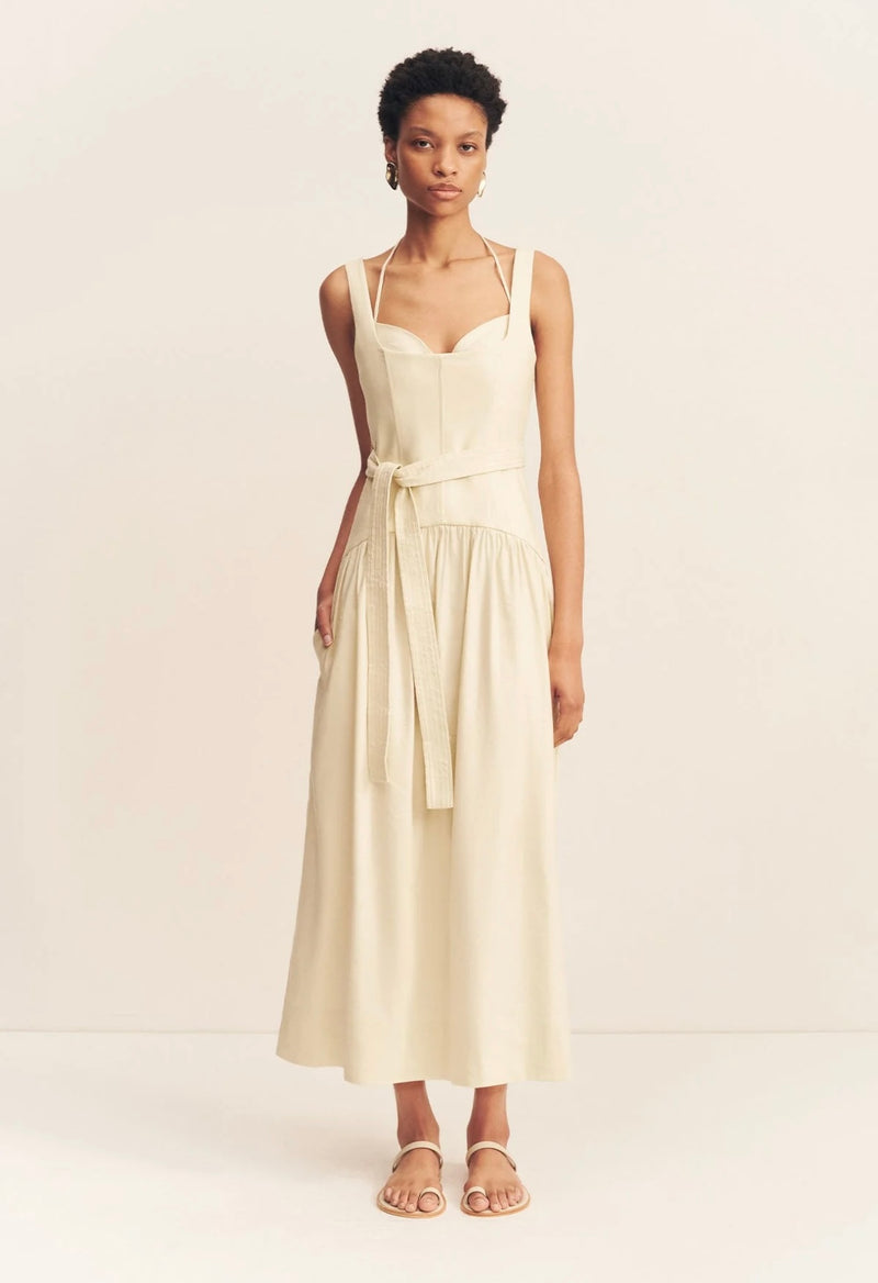 Kasbah Bustier Gathered Linen Midi Dress Beige