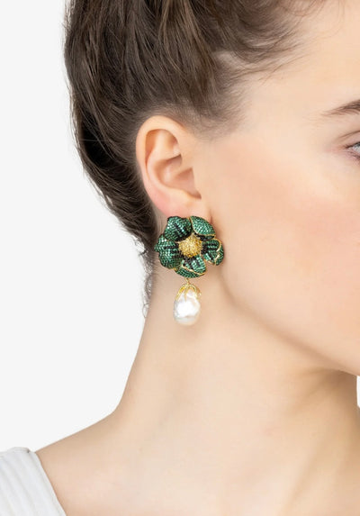 POPPY FLOWER BAROQUE PEARL EARRINGS EMERALD GREEN GOLD