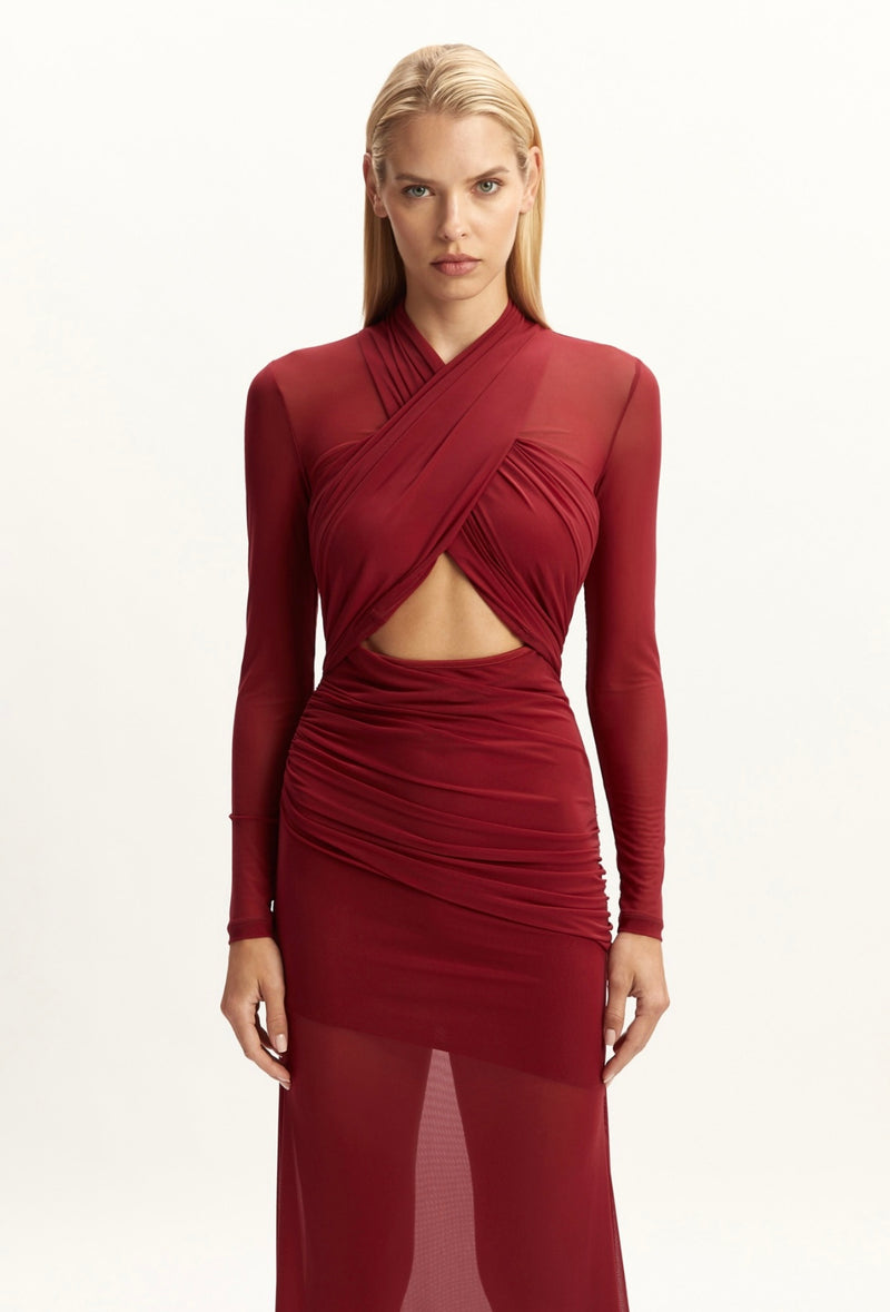 Veria Wrap Mesh Maxi Dress In Burgundy