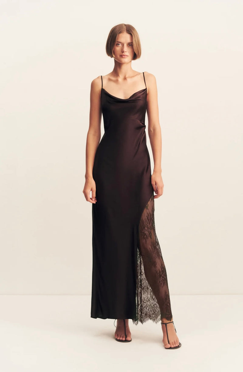 Allegra Cowl Lace Panelled Maxi Dress - Espresso