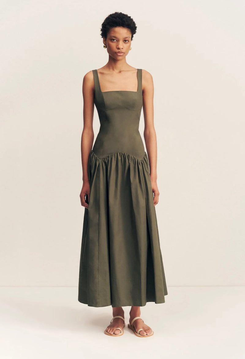 Maiori Square Neck Midi Dress - Army Green