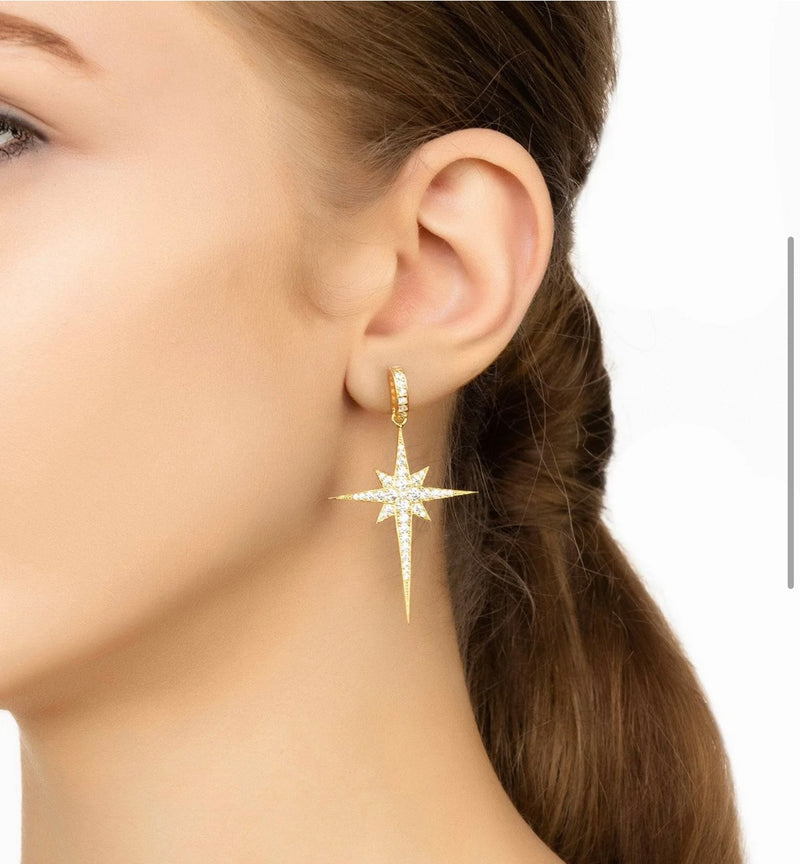 North Star Burst Large Drop Earrings Gold