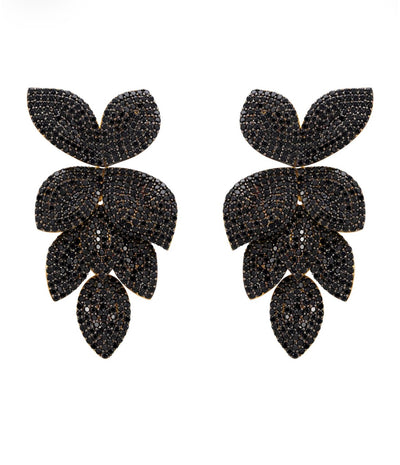 Petal Cascading Flower Earrings Gold Black Cz