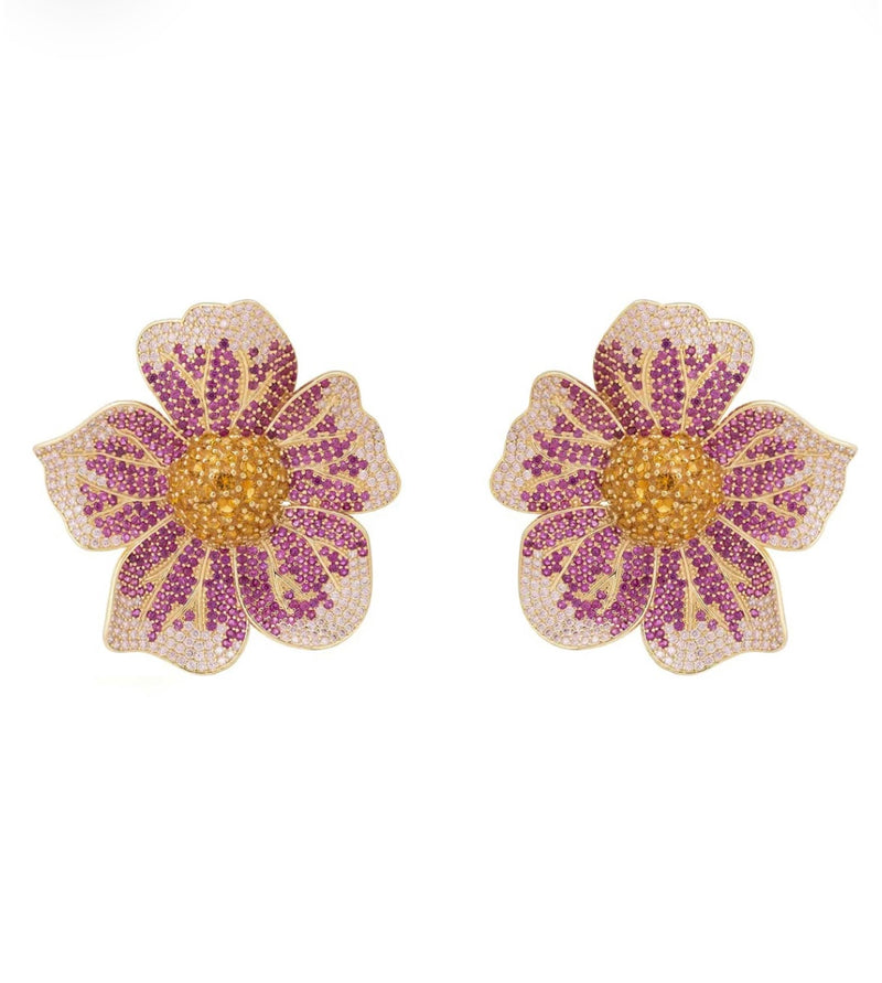 Pansy Flower Pink Earrings Gold