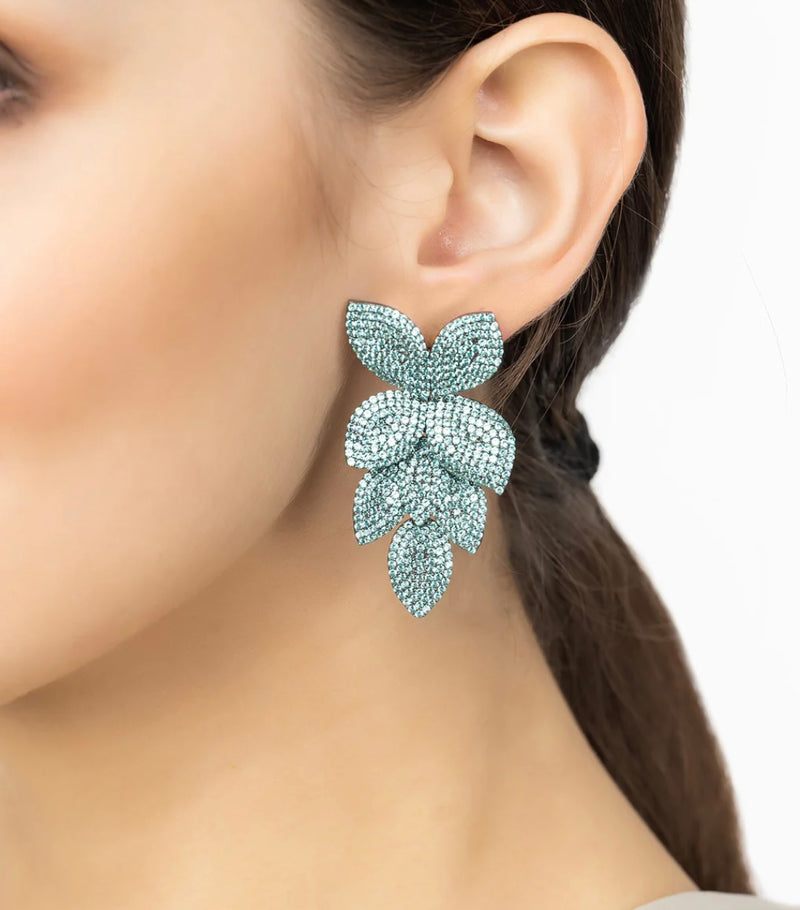 Petal Cascading Flower Earrings Silver Aqua