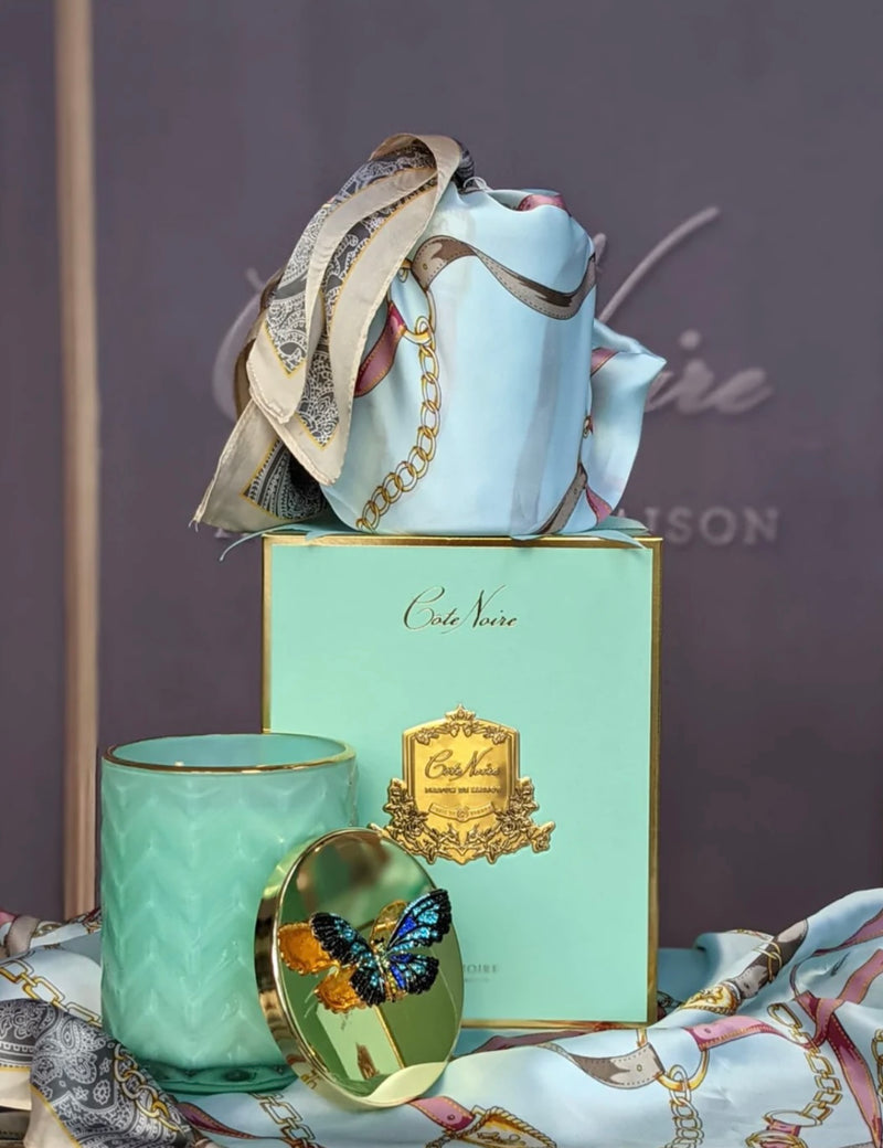 HERRINGBONE CANDLE WITH SCARF - TIFFANY BLUE & GOLD - BUTTERFLY LID