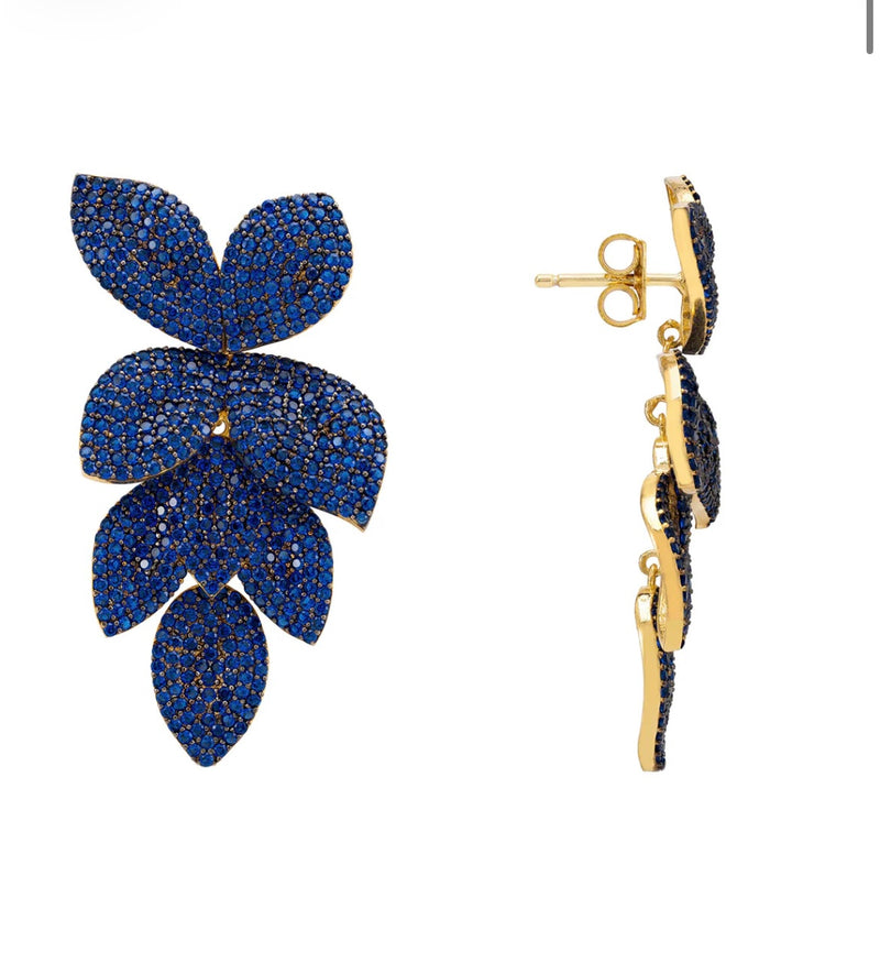 Petal Cascading Flower Earrings Gold Sapphire Cz