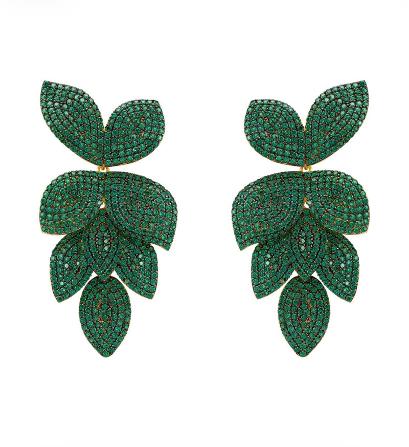 Petal Cascading Flower Earrings Gold Emerald Green