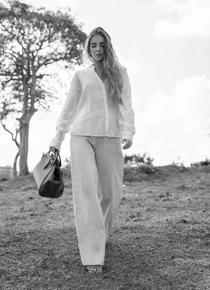 High-waisted straight linen pants White
