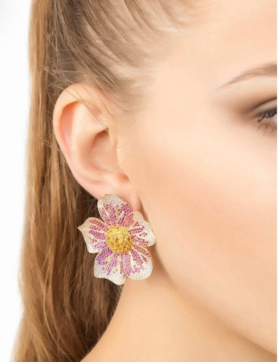 Pansy Flower Pink Earrings Gold