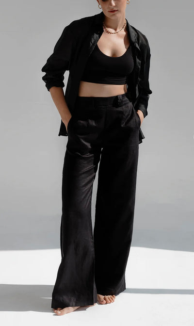 High-waisted straight linen pants Black